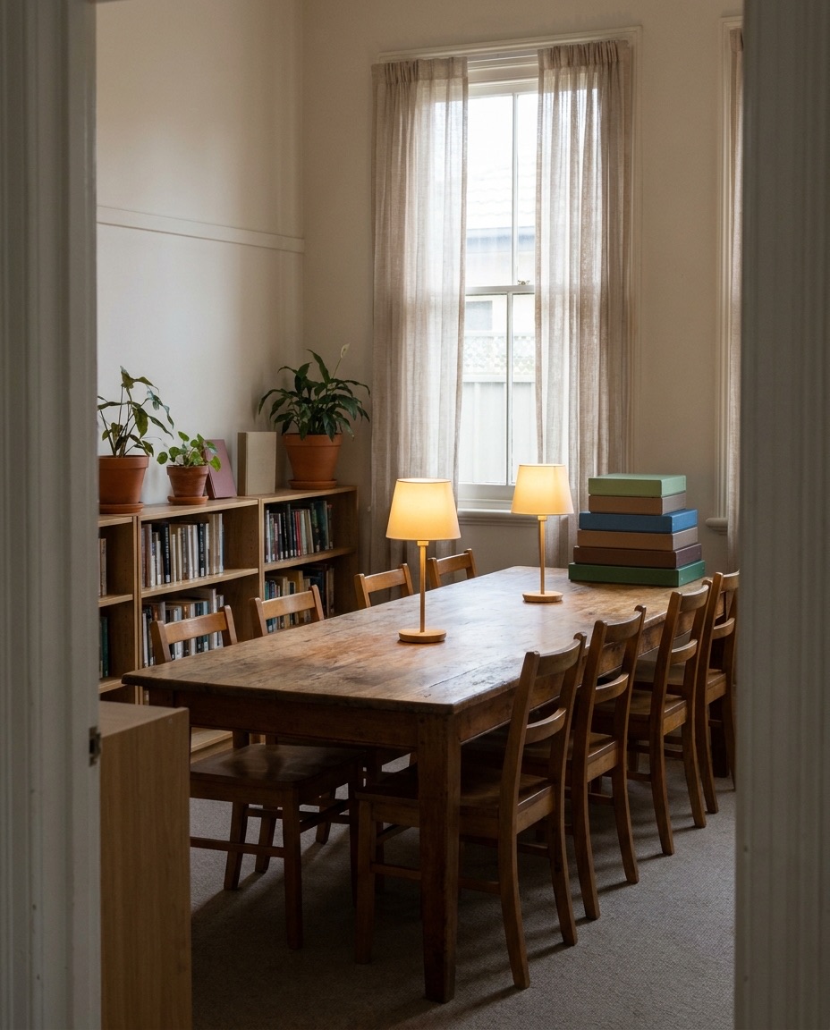 An empty library back room with one long timber table and chairs, two lamps on, low bookshelves and a tall window with soft daylight.
